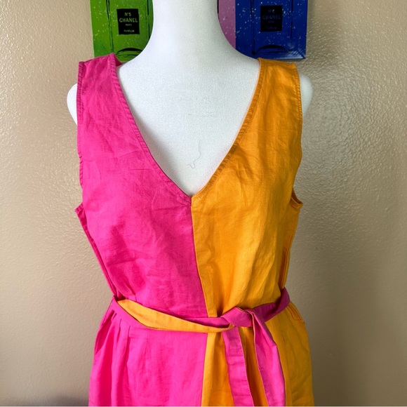 Athena Marie Women Sleeveless Smocked 55% Linen Midi  Dress Sundress Summer Sz L - Picture 3 of 9